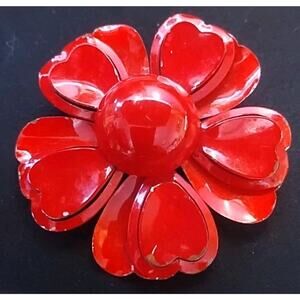 VINTAGE 60s Enamel & Metal Red Flower Brooch Pin 2.5 " Mod Statement Layered